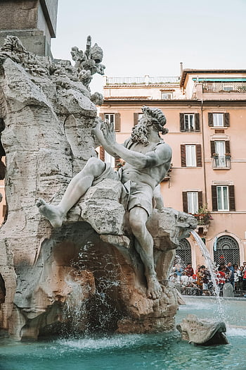 Fountain of the Four Rivers, fontana dei quattro fiumi, Řím, Itálie, piazza navona, Majestátní fontána, živý čtverec, historické památky, italská architektura, turistická atrakce, sochařství