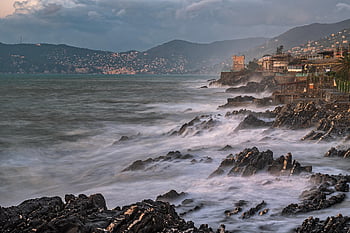 mare, stânci, furtună, liguria, genoa, ocean, apă, roci, natură, oraș