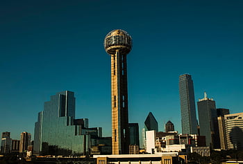 panorama dallas, sjednocení věže, šedá betonová budova, modrá obloha, kultovní mezník, panoráma města, městskou architekturu, texas, moderní budovy, čisté nebe, centrum města Dallas