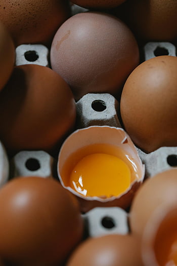 uova di gallina fresche e crude, scatola di cartone, uova marroni, uovo rotto, tuorlo visibile, Vista dettagliata, uova crude, Cartone di uova, tuorlo d'uovo, fotografia di cibo