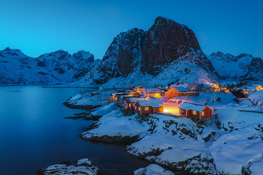 way, winter, night, village, sea shore, snow-covered, mountains, aerial view, coastal village, night scene, Norwegian landscape