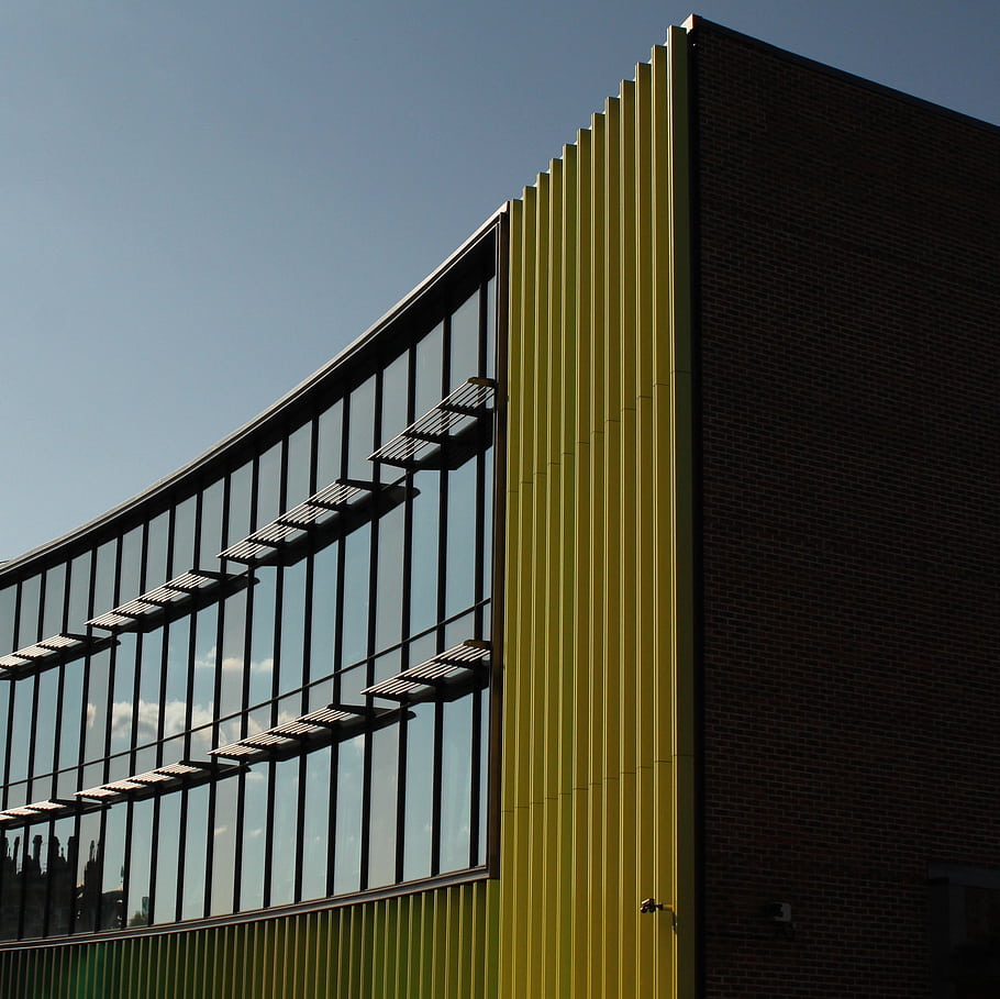budova, sklenka, odraz, řádky, architektura, Londýn, město Camden, Viacom, žlutá, Okna, silueta