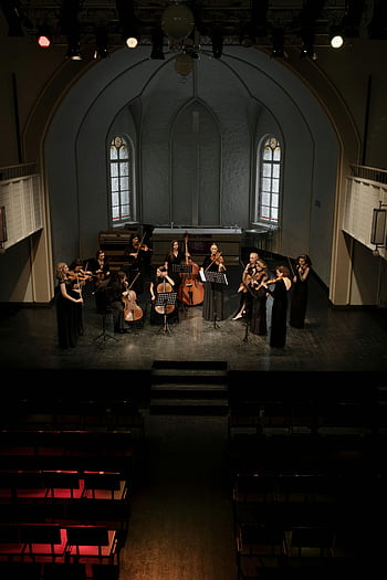 string ensemble, historic church, stage performance, above view, musicians, string instruments, concert, indoor setting, classical music, performance art, church setting