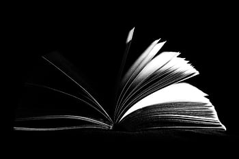 black and white, open book, fanned pages, dark background, low light, striking image, monochrome, reading, literature, book pages, shadow contrast