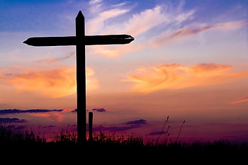 cross, sunset, silhouettes, grass, dusk, twilight, afterglow, skyscape, fields, sky, nature