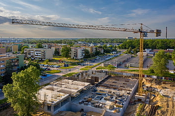 jeřáb, konstrukce, město, budov, městský, staveniště, urbanizace, nowy dwór mazowiecki, Polsko