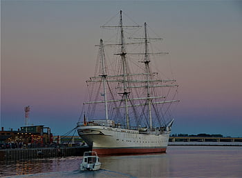 ship, sail, port, sea, coast, stralsund, gorch Fock, harbor Motifs, evening Atmosphere, three Masted, windjammer