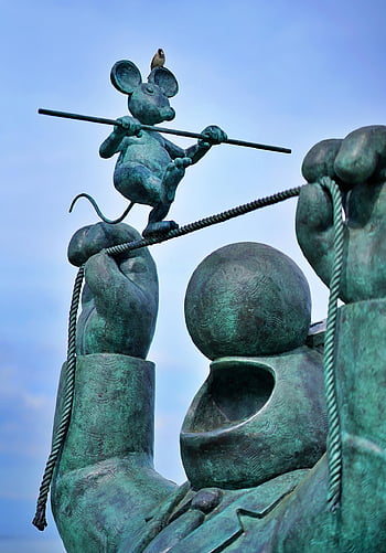 cat, mobile Wallpaper, ipad Wallpaper, mouse, bird, sparrow, statue, balancing Act, rope, animal, comic