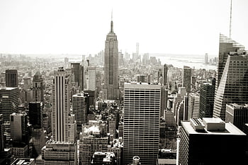 říše státní budovy, panorama Manhattanu, letecký pohled, černobílé fotografování, New York City, výškové budovy, městské krajiny, Kultovní architektura, panoráma města, Černý a bílý, mrakodrapy