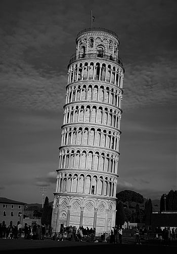 det skævetårn i Pisa, gråtonebillede, ikonisk tårn, turister, pisa, Italien, sort og hvid, arkitektur, historiske vartegn, rejsemål, sightseeing