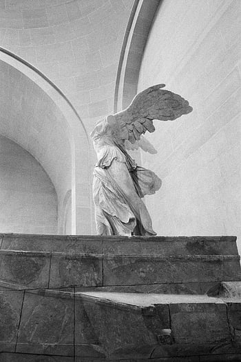 grayscale photo, Winged Victory of Samothrace, Louvre Museum, Paris, monochrome image, statue, ancient sculpture, art, historical artifact, black and white, architecture