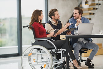 diverse, workplace, work, wheelchair, disability, handicapped, woman, business, man, men, meeting