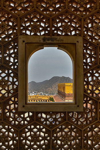 Amber Fort, Amer, Rajasthan, India, patterned window, architectural view, Jaipur, fort window, mountain view, historic architecture, lattice window