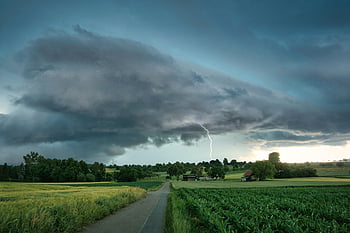 lightning, thunderstorm, rural, field, farm, road, village, clouds, sky, flash, thunder