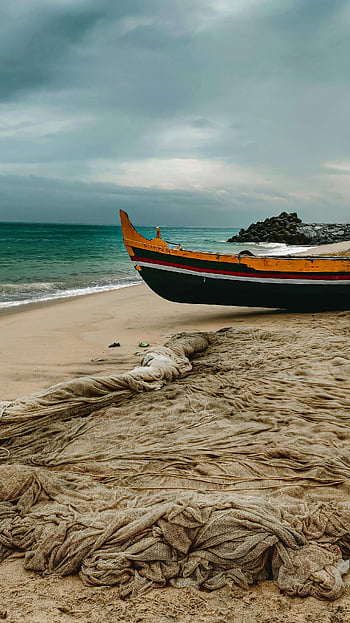 rybářská loď, rybářské sítě, Thengapattanam Beach, barevné lodi, Pobřežní živobytí, plážové scény, pohled na oceán, odvětví rybolovu, pobřeží, rybářského vybavení, písečná pláž