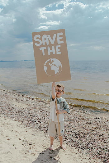 niño, protesta ambiental, Playa de arena, salvar la tierra, señal de protesta, costa, joven, advertencia ambiental, vista al océano, escena de la playa, activismo