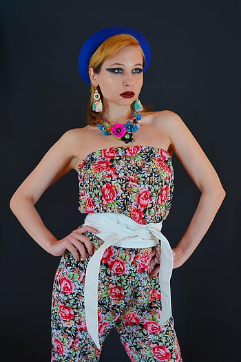 fashion, jumpsuit, woman, accessories, girl, model, floral Fabric, hat, blue Hat, style, glamour