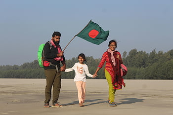 familie, bangladesh flag, strand, solrig, gå, glad, forældre, barn, udendørs, rejse, ferie