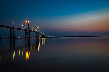 sunset, bridge, river, reflection, mirroring, mirror Image, dusk, twilight, structure, architecture, water
