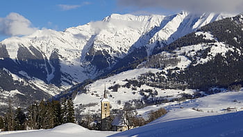 Iglesia, nieve, montañas, invierno, edificio, arboles, Nevado, paisaje, paisaje de montaña, campo, Surselva