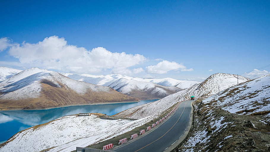 hory, yamdrok jezero, silnice, ulice, způsob, avenue, Tibet, sníh hory, sníh, Zasněžené hory, jinovatka