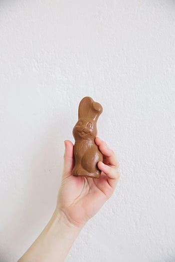 mano che tiene un coniglietto di cioccolato, coniglio pasquale al cioccolato, simpatico coniglietto di cioccolato, sfondo bianco, caramelle di Pasqua, Trotetto al cioccolato, trattamento di Pasqua, coniglio che tiene la mano, coniglietto di Pasqua, figura di cioccolato, decorazione di Pasqua