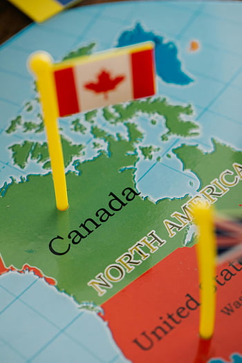 Canada flag, North America map, Canadian flag, map of Canada, tiny flag, close-up photo, North America, Canada, detailed map, flag pin, map highlight
