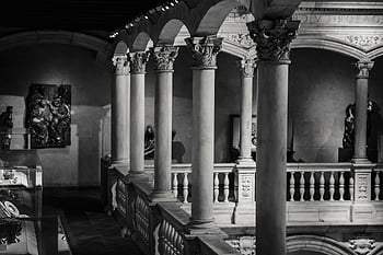 palace hall, columns, stucco work, black and white, museum interior, ornate columns, classical architecture, interior design, historical building, art gallery, architectural details