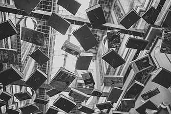 foto skala abu-abu, Buku gantung, hitam dan putih, Buku yang ditangguhkan, Buku-buku udara, foto artistik, buku dalam ruangan, interior bangunan, instalasi buku, buku mengambang, gambar monokrom
