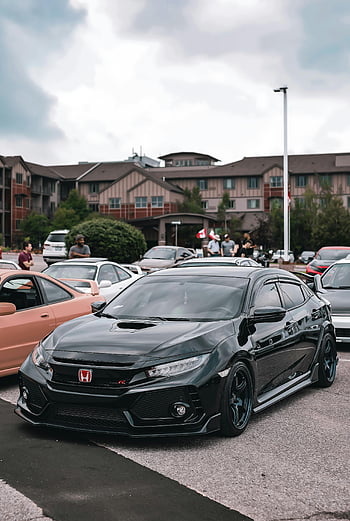 Black Honda Civic, parkeringsplads, by parkering, dagtimerne, stilfuld bil, sort bil, honda civic, livlig by, parkeret bil, urban scene, Bilentusiaster