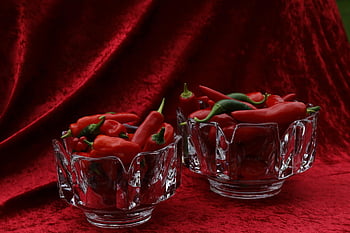 red Chili, peppers, bowl, ingredient, hot Peppers, chili Peppers, spice, spicy, crystal Bowl, still Life, closeup