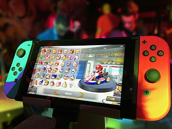 přepínač nintendo, mario kart, Herní atmosféra, detail, obrazovka výběru, červená a zelená, herní konzole, video hra, ruční zařízení, zábava, Herní kultura