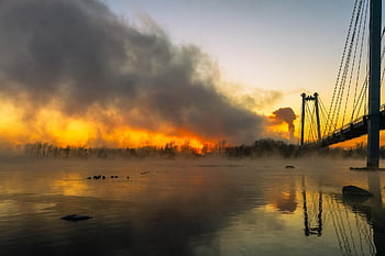 morning, nature, city, river, landscape, frost, cold, fog, bridge, sunrise, twilight