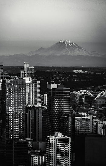 seattle bybillede, Mount Rainier, Urban Downtown, luftfoto, Forenede Stater, fantastisk udsigt, byens skyline, bjerg baggrund, sort og hvid, skyskrabere, seattle skyline