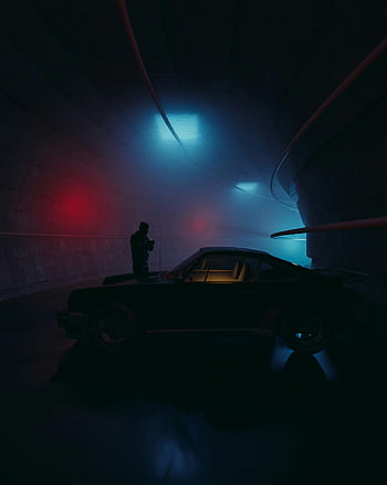 실루엣, 블랙 재킷의 남자, 검은 차, 빈티지 자동차, 변덕스러운 조명, 네온 리트 터널, 대기 장면, 어두운 터널, 빨간색과 파란색 불빛, 야경, 도시 설정