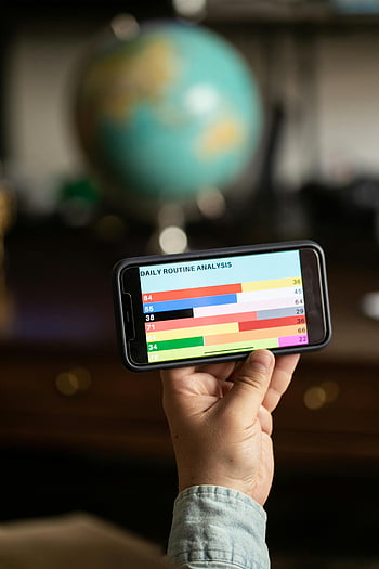smartphone, data analysis, colorful graph, close-up hands, daily routine analysis, mobile device, technology, graph display, smartphone screen, data visualization, globe background