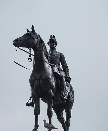 ruiterstandbeeld, man rijpaard, historische kunst, bewolkte lucht, dramatisch standbeeld, beeldhouwwerk buitenshuis, bronzen beeld, openbare kunst, paard standbeeld, kunst beeldhouwkunst, paardensportkunst