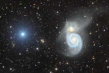 Messier 51, Whirlpool Galaxy, NGC 5194, Canes Venatici, spiral galaxy, HD 117815, A5 pulsating variable star, space, universe, galaxy, composite image