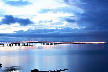 crepuscolo, natura, ponte di Penang, Jambatan Pulau Pinang, mattino nebbioso, Alba, Sud-est asiatico, Malaysia, Asia, Strai di Melacca, nuvoloso