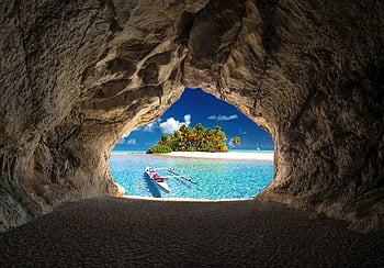 barlang, magányos sziget, Polinézia, hd háttérkép, Francia Polinézia, tahiti, sziget, gyönyörű strand, utazás, békés, tenger