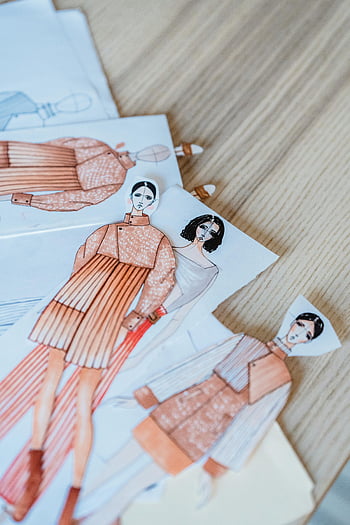 fashion sketches, wooden table, fashion design, studio, close-up, models, paper dolls, clothing design, fashion illustration, design studio, desk