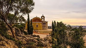 Brown Cathedral, Cyprus, historic church, sunset, surrounded by trees, rocks, picturesque, forest, church architecture, scenic view, sunset photography