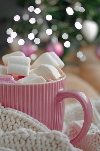 hot cocoa, marshmallows, cozy winter scene, pink mug, festive bokeh, winter drink, holiday beverage, warm drink, winter cozy, hot chocolate, festive background