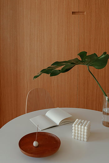 weißes Notizbuch, weißer runder Tisch, minimalistische Tischaufstellung, Pflanze, Kerze, ruhiges Ambiente, Notebook öffnen, weiße Kerze, hölzerner Hintergrund, Innenumgebung, moderne Einrichtung