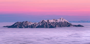 Gray Rock Mountain, snow-covered mountain, pink sunrise, mountain peak, above clouds, breathtaking view, stunning sunrise, mountain landscape, winter scenery, natural beauty, alpine view