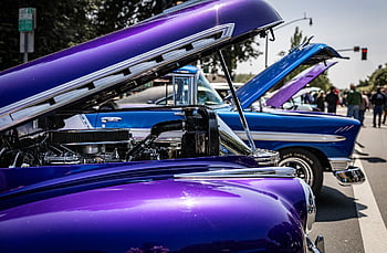 klasická auta, výstava historických vozů, fialové auto, modré auto, chromový motor, otevřená kapuce, automobilového průmyslu, obnovení, retro auta, petaluma, pouliční show