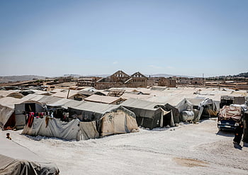 uprchlický tábor, stany, Idlib, Sýrie, poušť, jasné modré nebe, humanitární pomoc, úsilí o pomoc, Útulek uprchlíků, vysídlené lidi, Humanitární krize