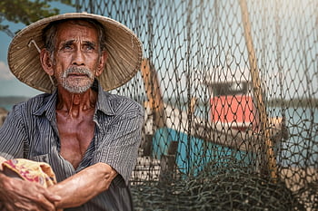 fisherman, old Man, net, senior, elderly, aged, man, conical Hat, job, work, sitting