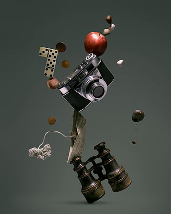 Black and Silver Dslr Camera, vintage items, floating mid-air, camera, apple, binoculars, creative arrangement, vintage camera, floating objects, artistic composition, still life photography