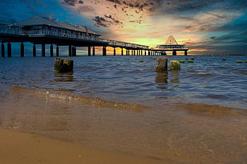 usedom, Seebrücke, Ostsee, Meer, Strand, Natur, Urlaube, Wasser, Netz, Blau, Sonnenaufgang